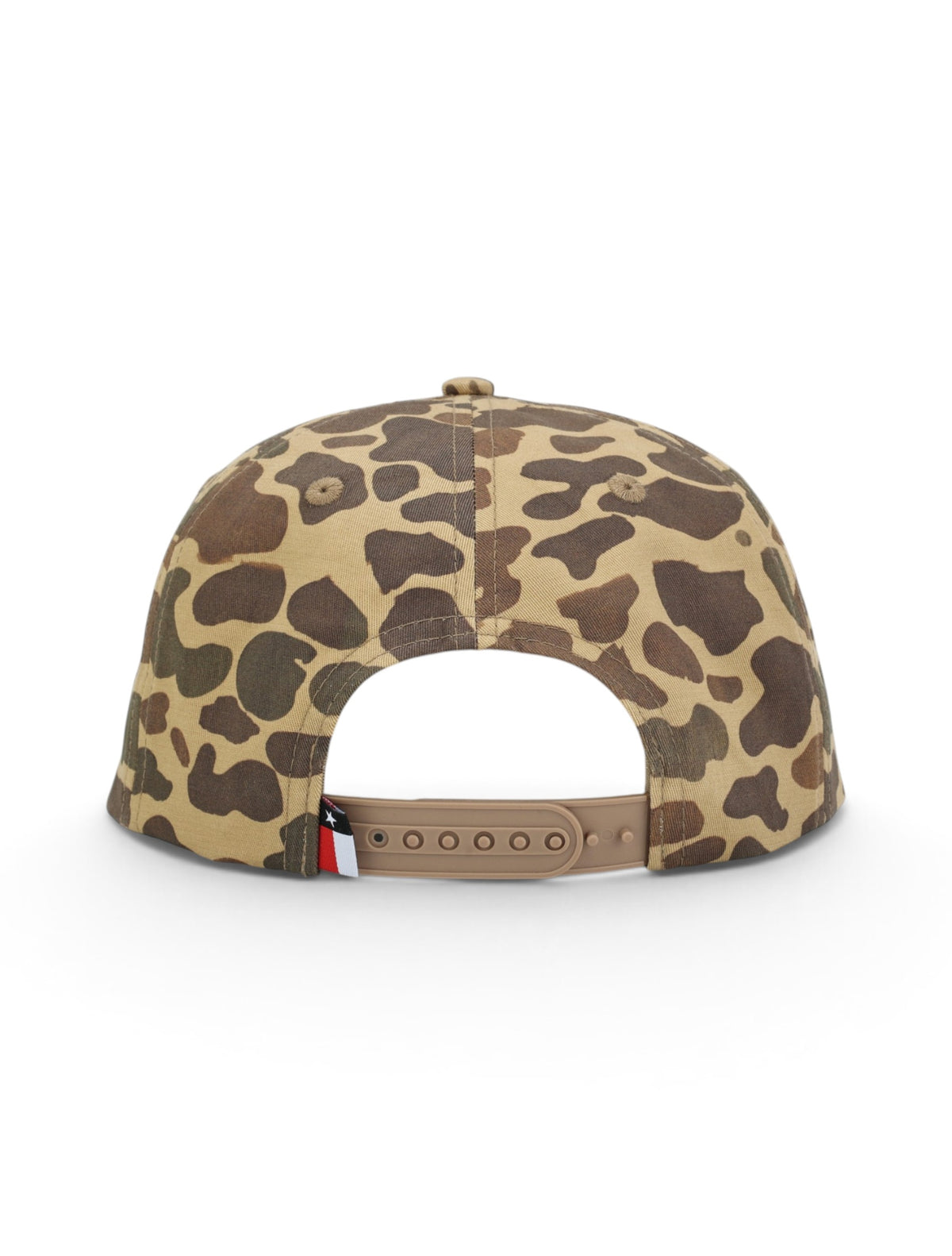 Back of the camo Texas Tech cap showing the embroidered eyelets, the snapback strap and the Texas flag tab