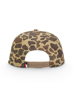 Back of the camo Texas Tech cap showing the embroidered eyelets, the snapback strap and the Texas flag tab