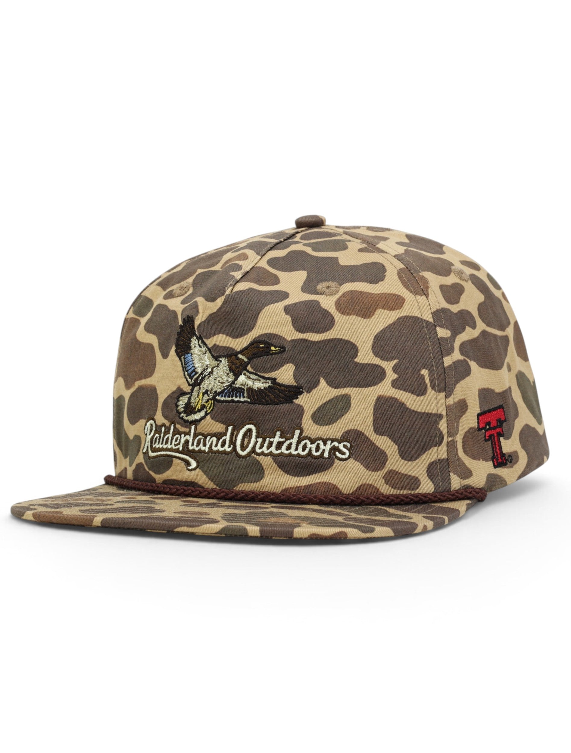 Camo Texas Tech rope cap at an angle, with a mallard in flight and Raiderland Outdoors script across the front