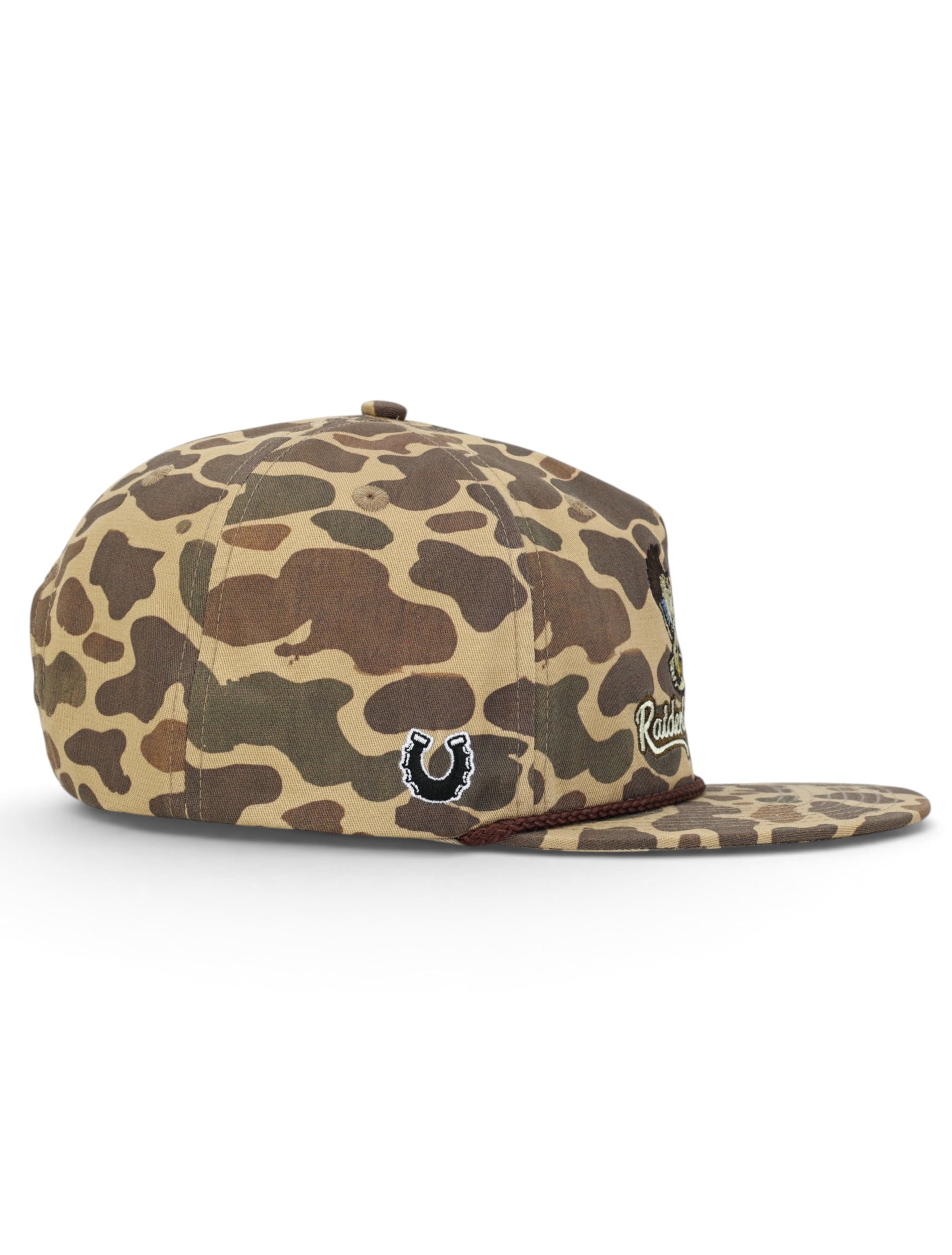 Opposite side of the camo Texas Tech cap showing the Dark Horse horseshoe on the panel
