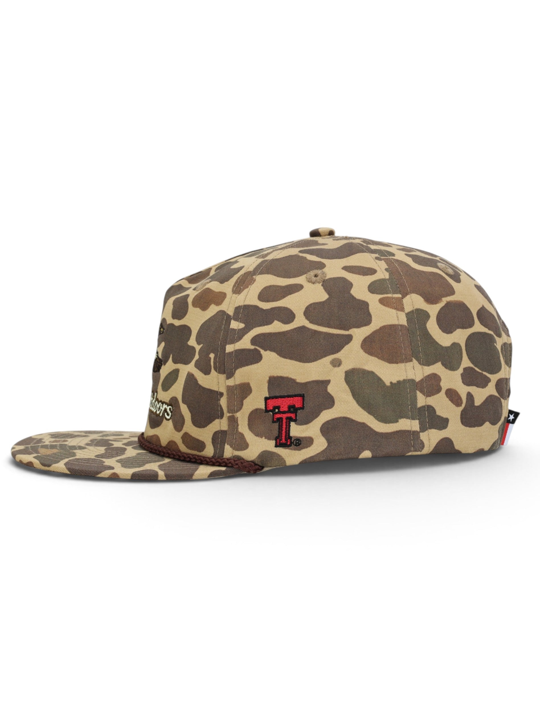 Side of the camo Texas Tech cap showing the embroidered red Double T on the panel