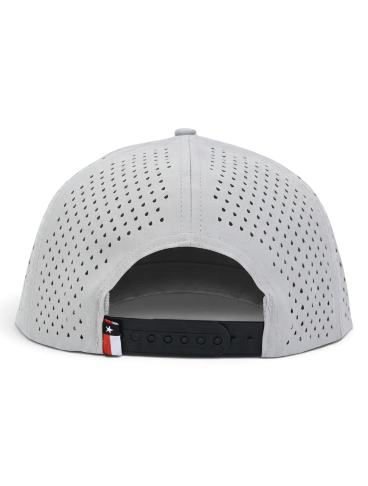 Back of the grey Texas Tech Matadors cap showing the perforated panels, the black snapback strap and the Texas flag tab