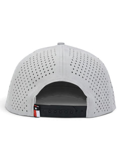 Back of the grey Texas Tech Matadors cap showing the perforated panels, the black snapback strap and the Texas flag tab