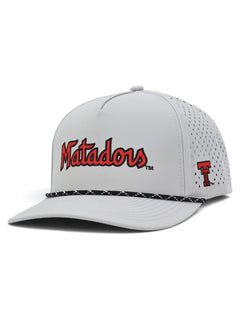 Grey Texas Tech Matadors cap at an angle showing the red and black Matadors script on the front