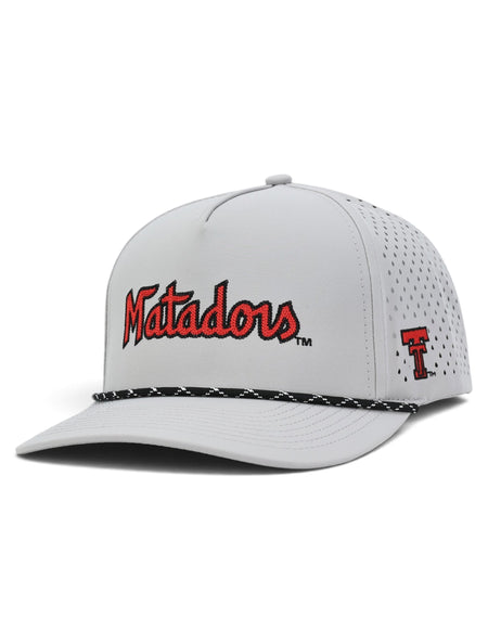 Grey Texas Tech Matadors cap at an angle showing the red and black Matadors script on the front