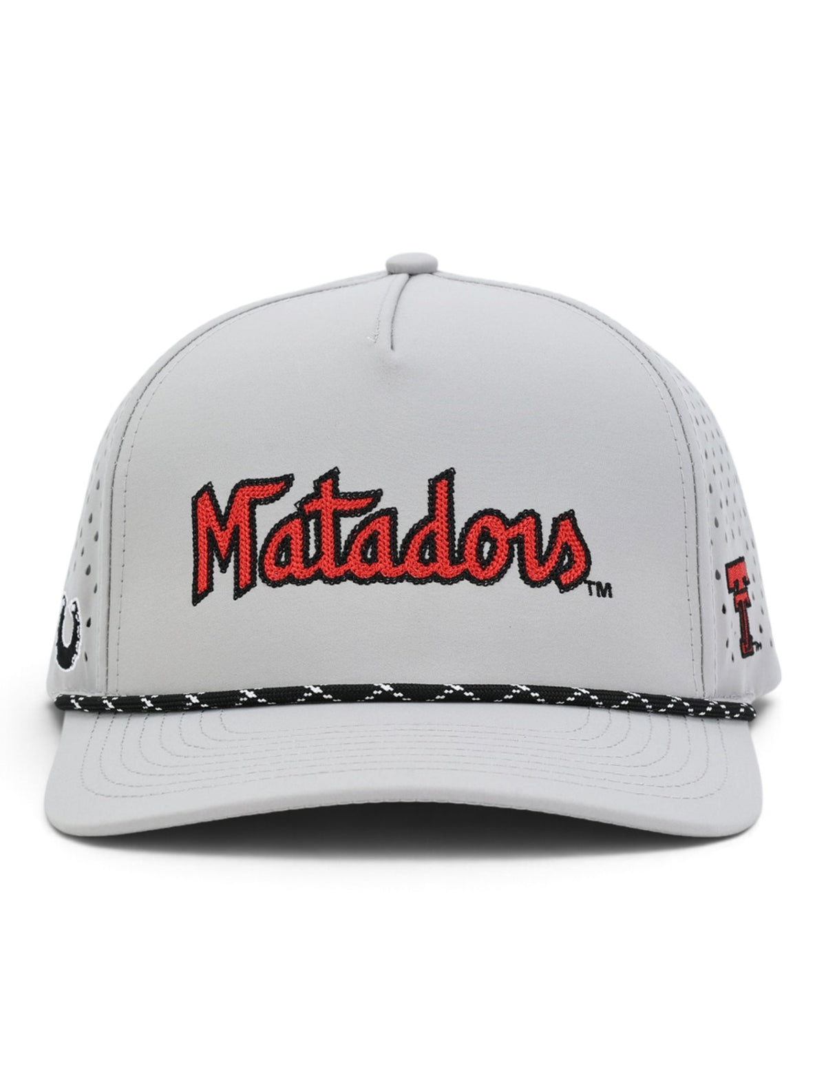 Front of the grey Texas Tech Matadors cap showing the throwback Matadors script above a black and white rope