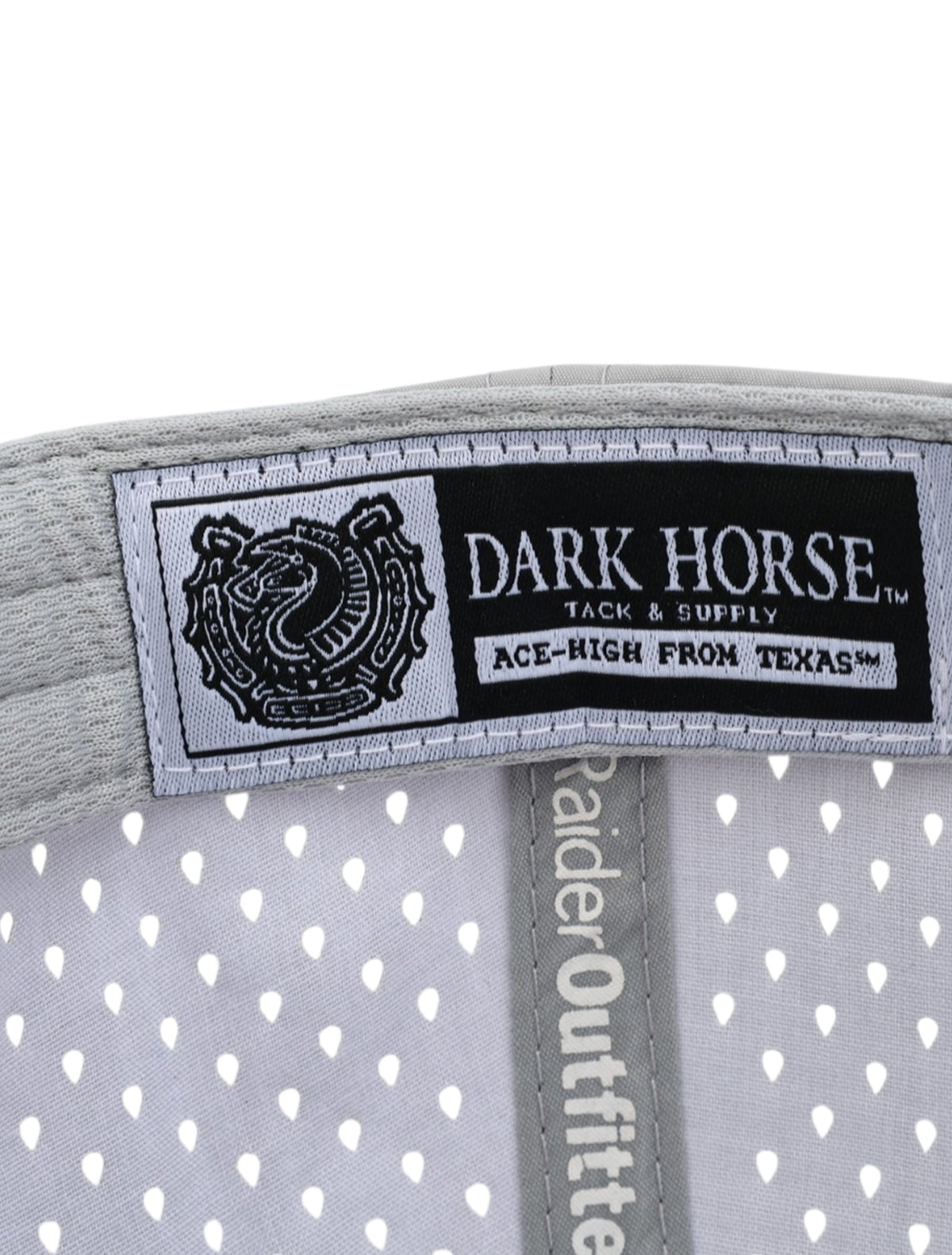 Inside the grey Texas Tech Matadors cap showing the Dark Horse Tack and Supply label on the sweatband
