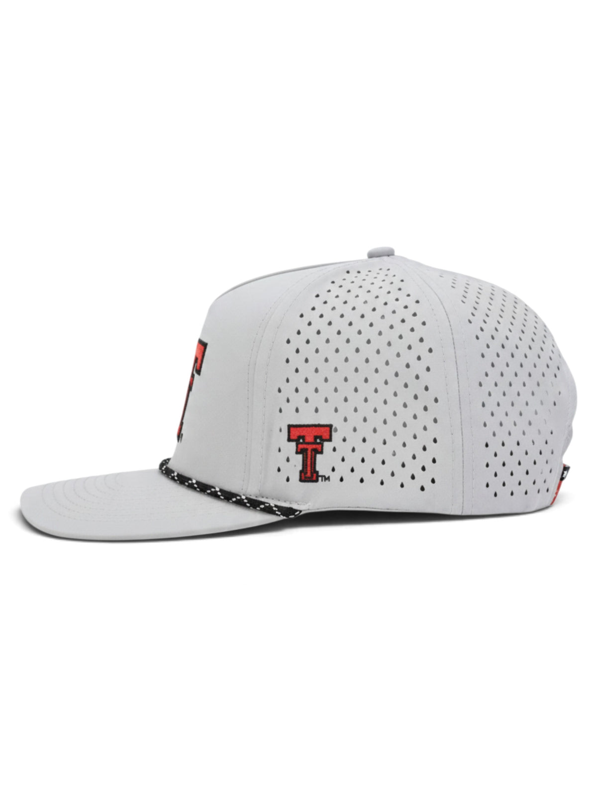 Left side of the grey Texas Tech Matadors cap showing the Double T and the laser cut perforations