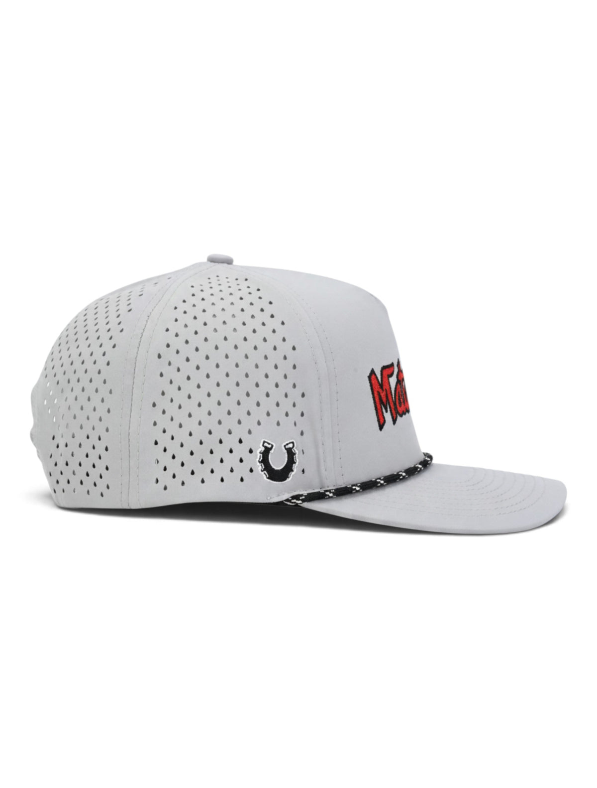 Right side of the grey Texas Tech Matadors cap showing the Dark Horse horseshoe and the laser cut perforations