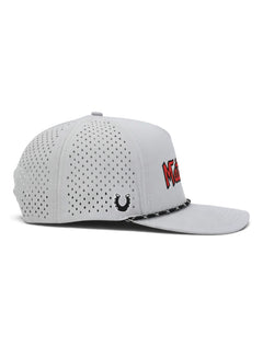 Right side of the grey Texas Tech Matadors cap showing the Dark Horse horseshoe and the laser cut perforations