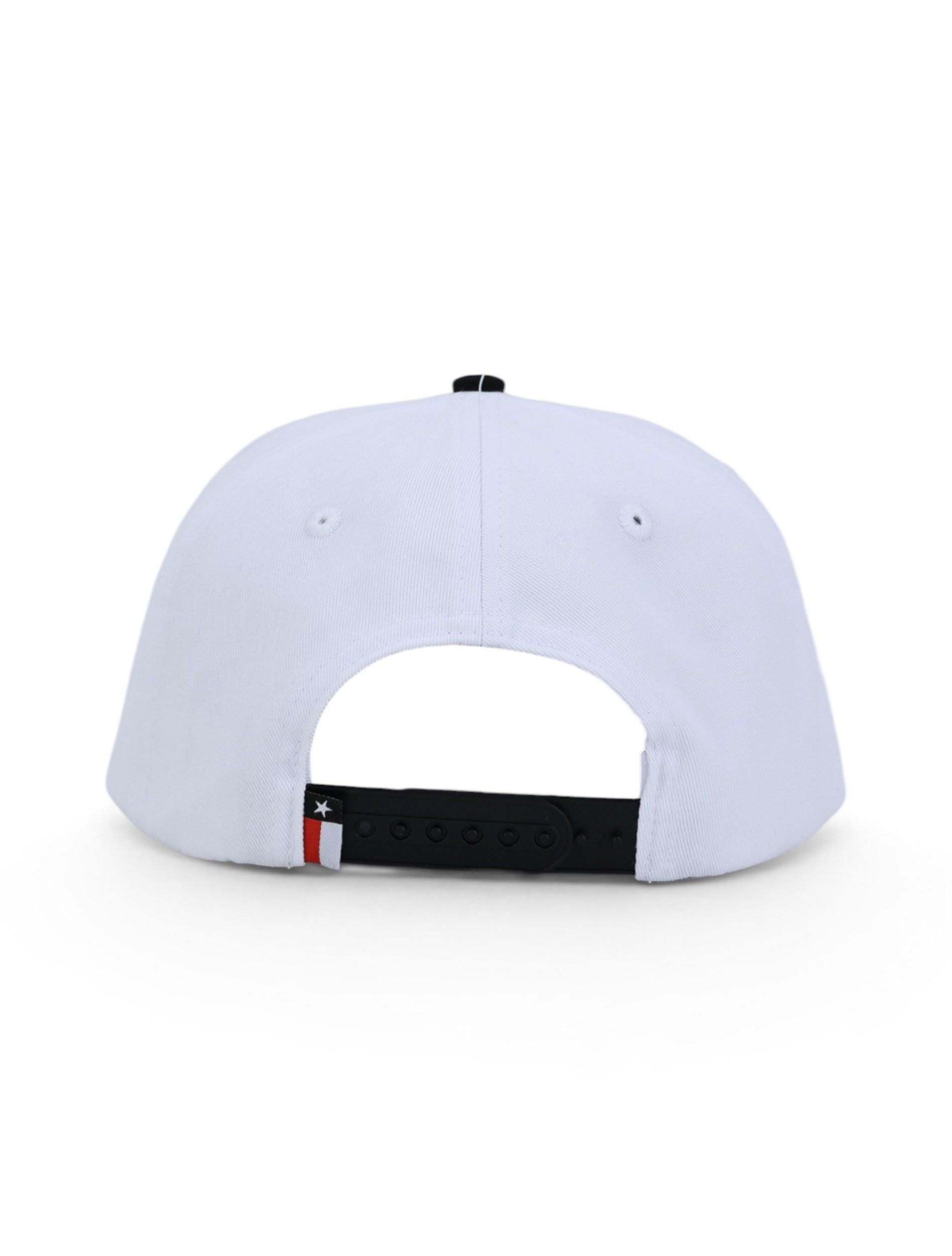 Back of the white Texas Tech cap showing the black snapback strap and the Texas flag tab