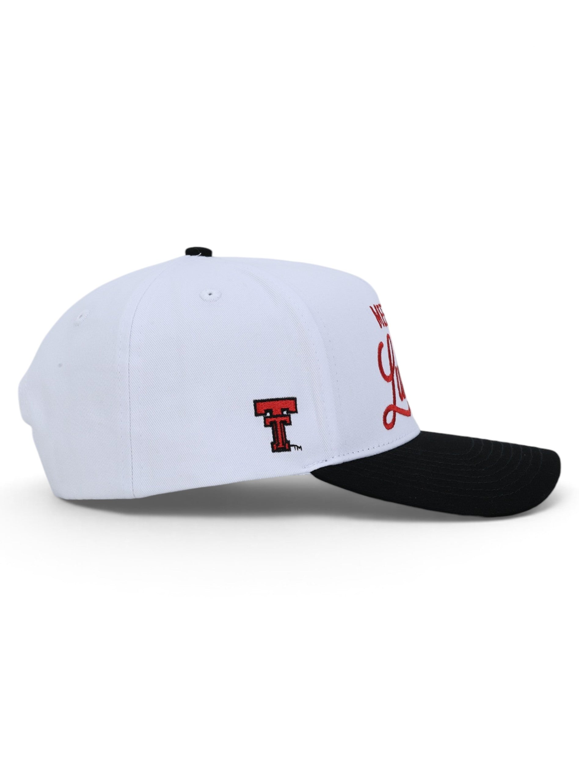 Side of the white Texas Tech cap showing the embroidered red Double T on the panel