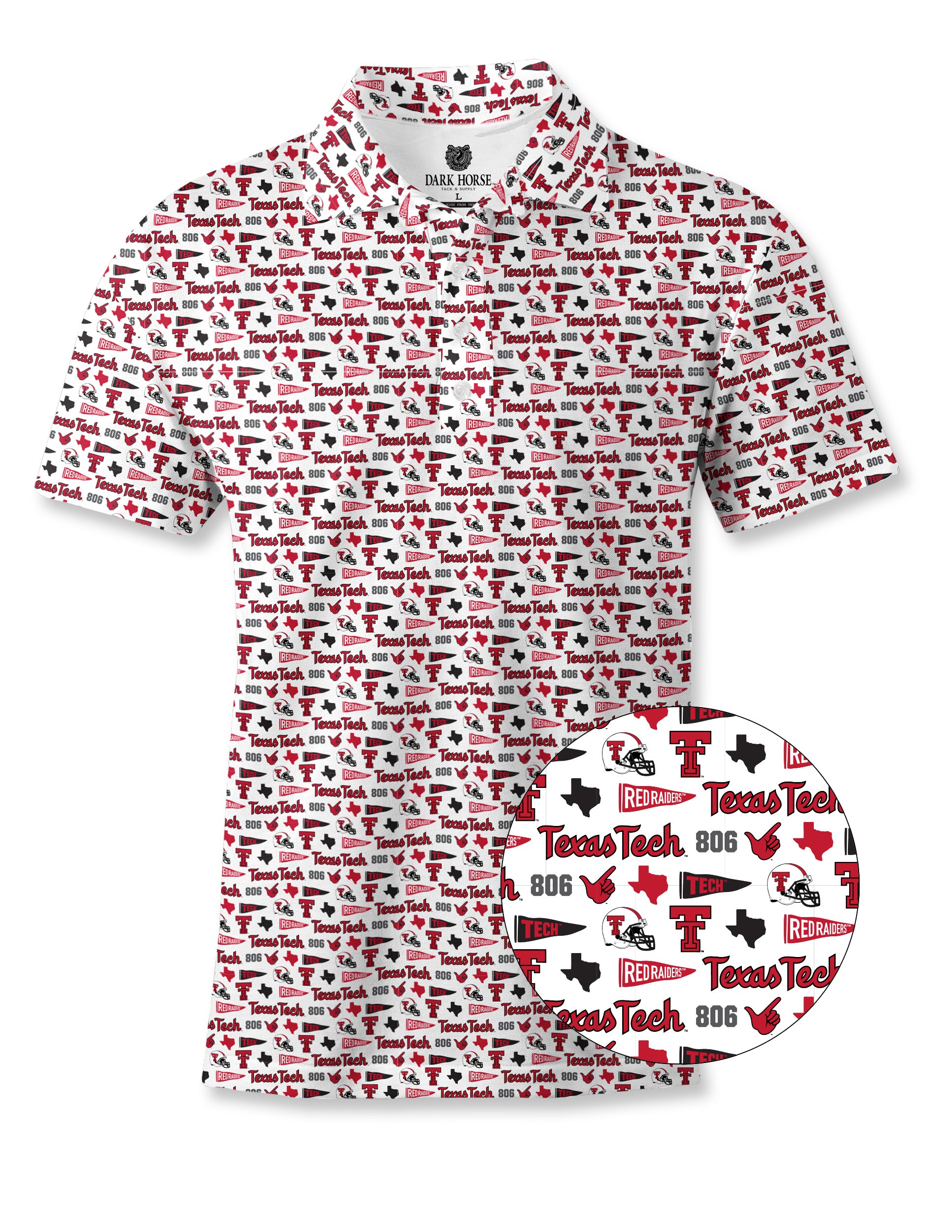 Dark Horse Texas Tech New Era Pennant polo with a close-up of the pennant, Double T and Guns Up print
