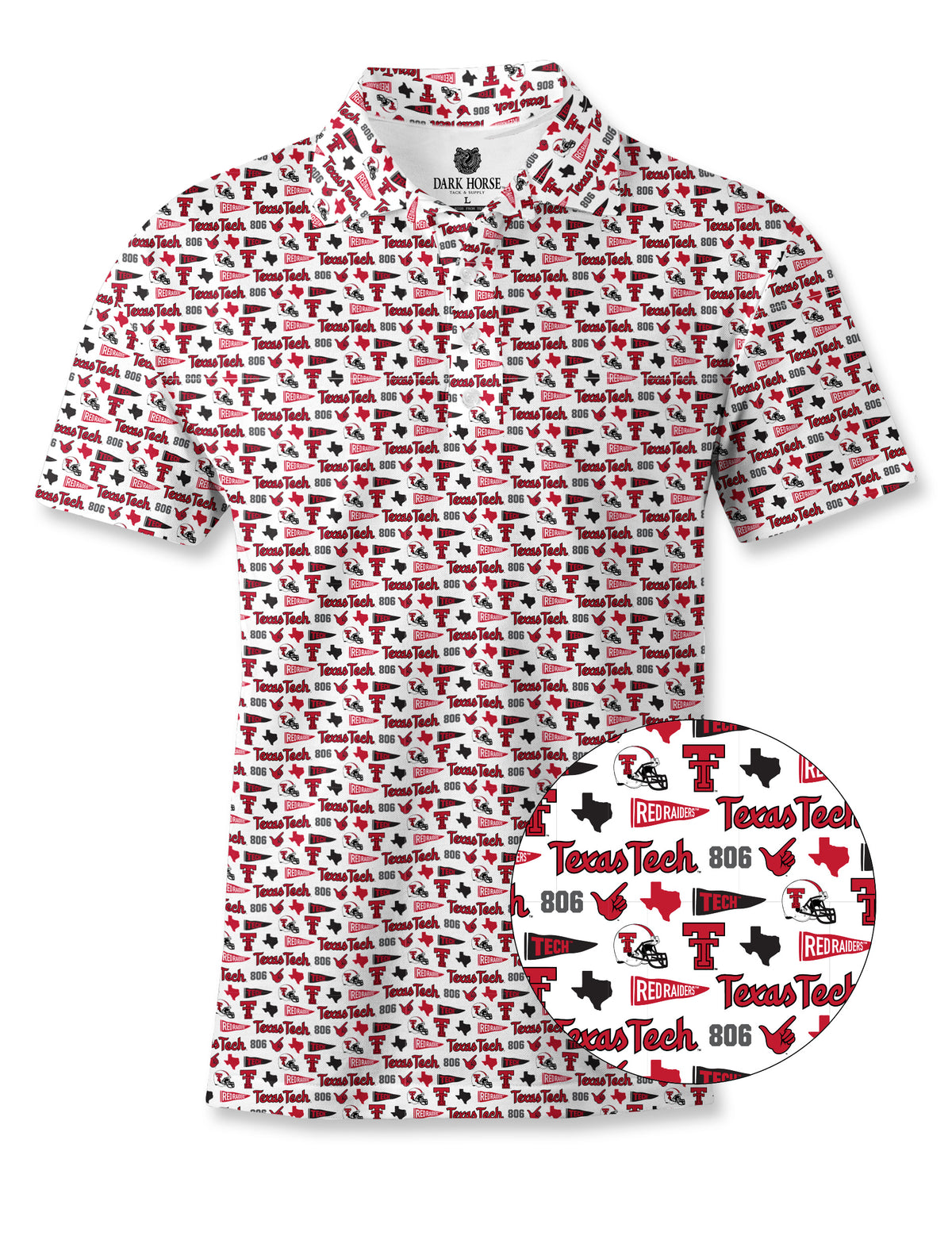 Dark Horse Texas Tech New Era Pennant polo with a close-up of the pennant, Double T and Guns Up print