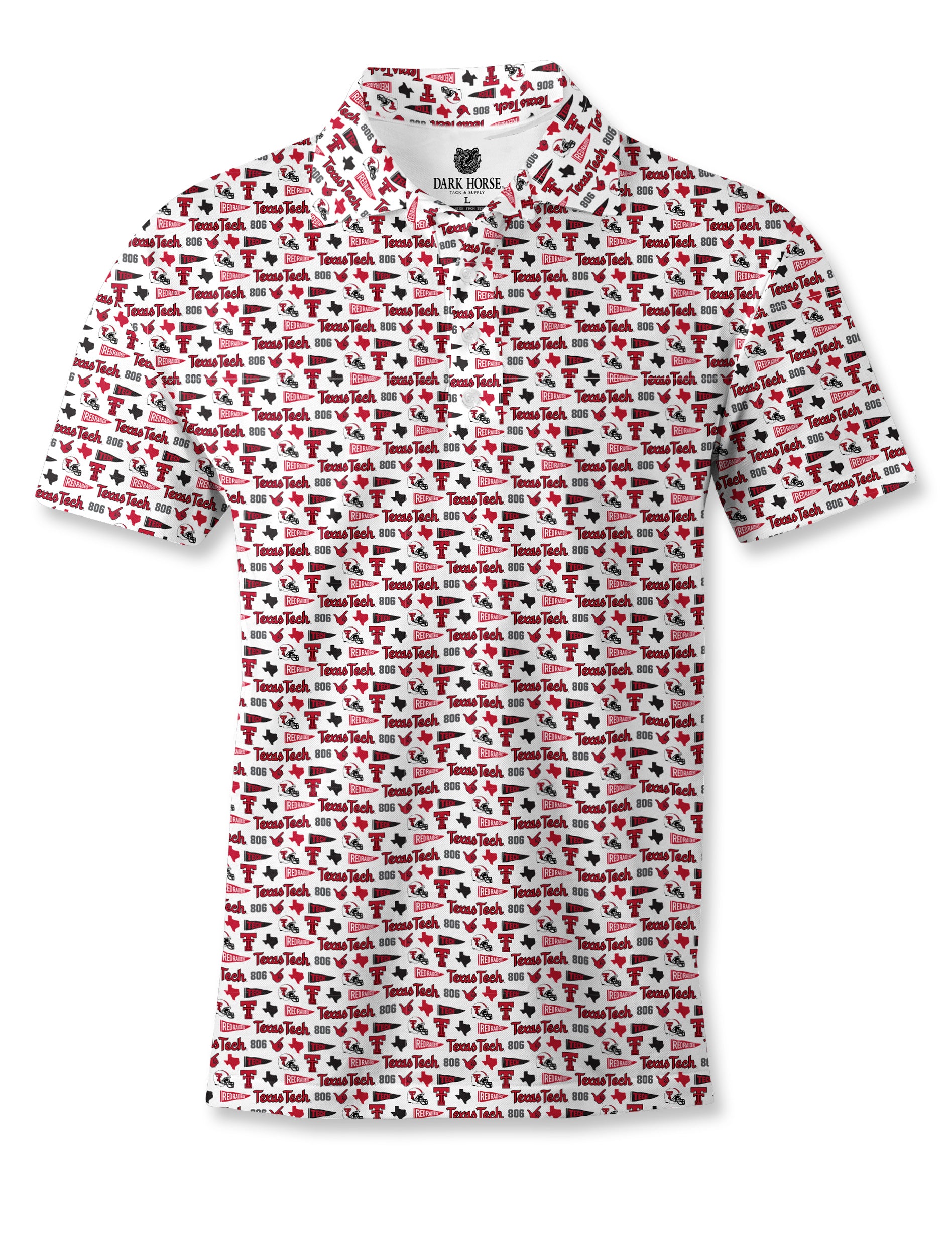 White Dark Horse Texas Tech New Era Pennant polo with an allover red and black Texas Tech print