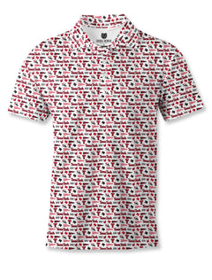 White Dark Horse Texas Tech New Era Pennant polo with an allover red and black Texas Tech print