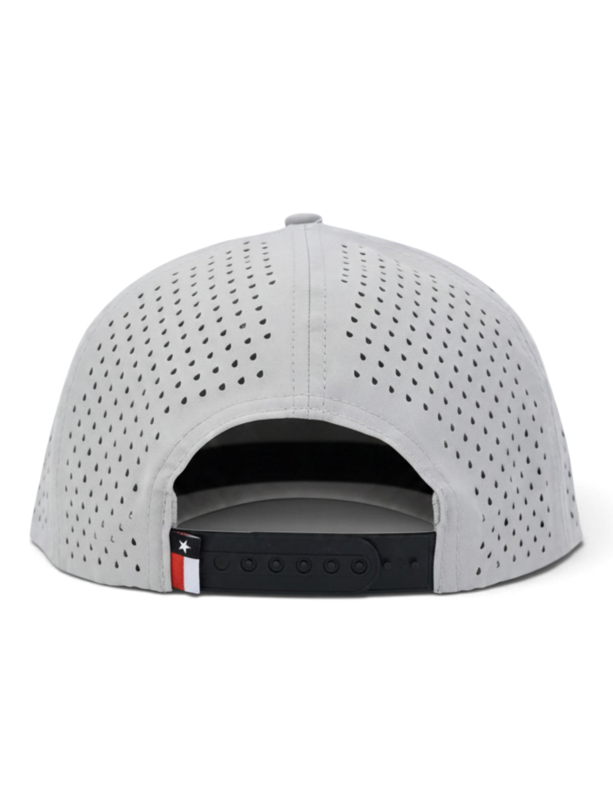 Back of the grey Texas Tech Raider Power cap showing the perforated panels, the black snapback strap and the Texas flag tab