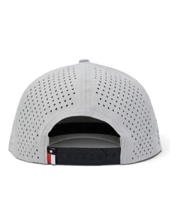 Back of the grey Texas Tech Raider Power cap showing the perforated panels, the black snapback strap and the Texas flag tab