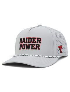 Grey Texas Tech Raider Power cap at an angle showing the stacked black and red lettering on the front