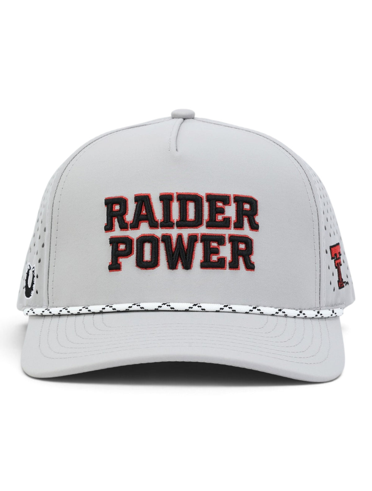 Front of the grey Texas Tech cap showing Raider Power in stacked black block letters with a red outline above a white and black rope
