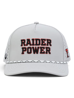 Front of the grey Texas Tech cap showing Raider Power in stacked black block letters with a red outline above a white and black rope