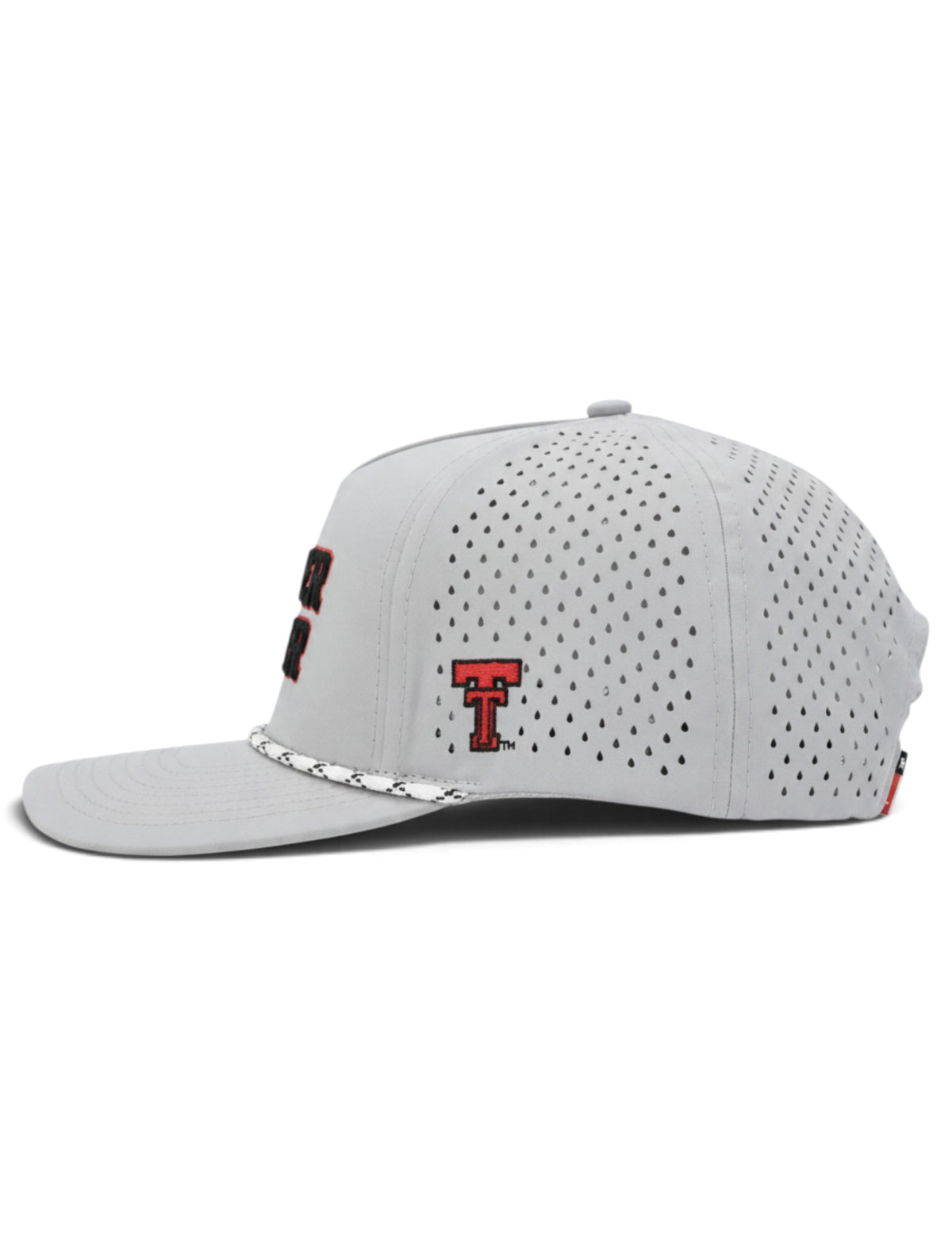 Left side of the grey Texas Tech Raider Power cap showing the Double T and the laser cut perforations