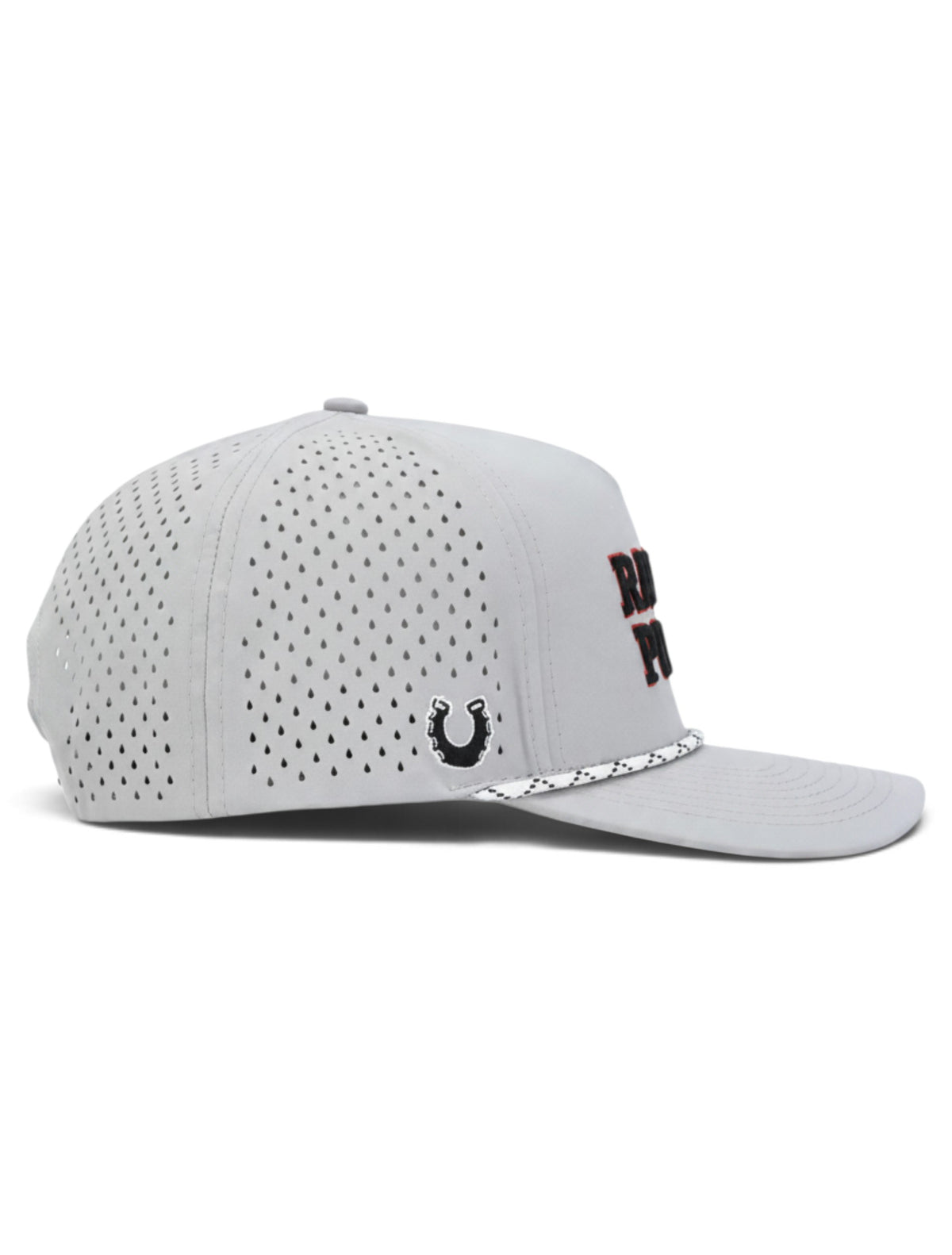Right side of the grey Texas Tech Raider Power cap showing the Dark Horse horseshoe and the laser cut perforations