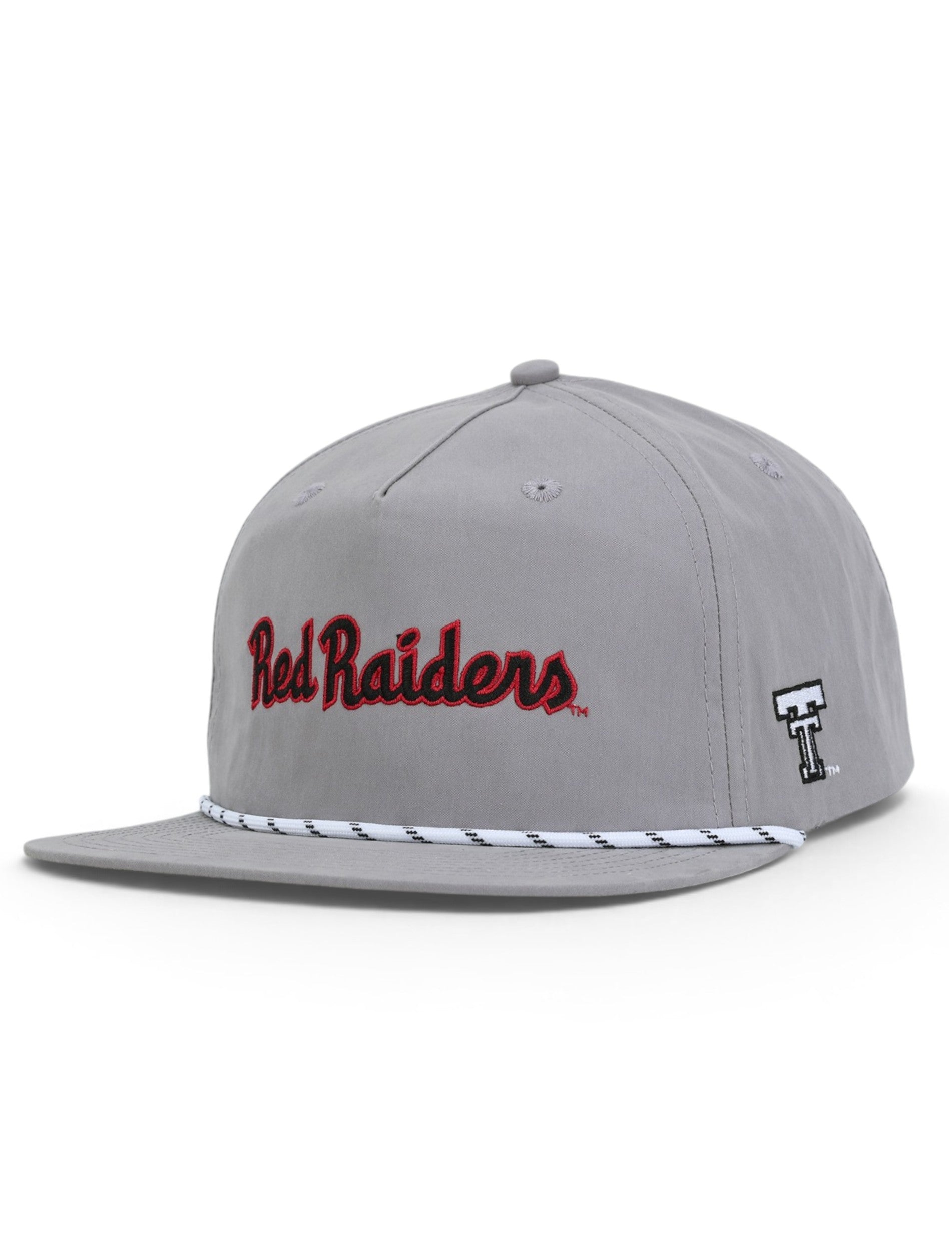 Grey Texas Tech rope cap at an angle, with Red Raiders in red script across the front