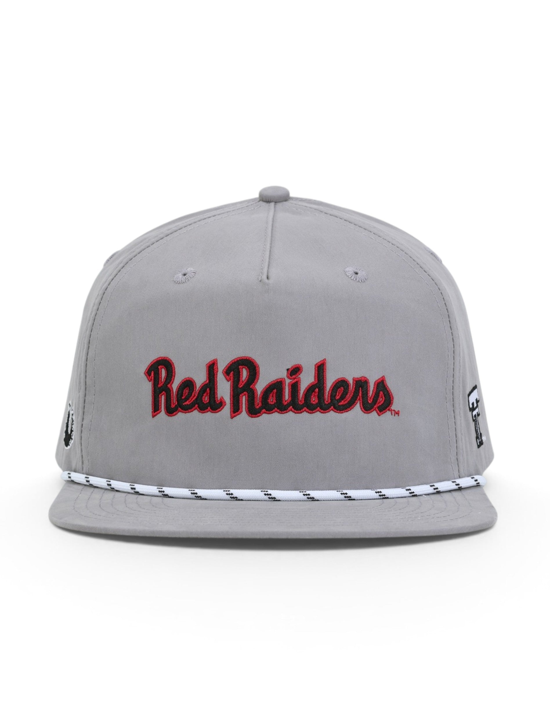 Front of the grey Texas Tech cap showing Red Raiders in red script with a black outline above a white and black rope