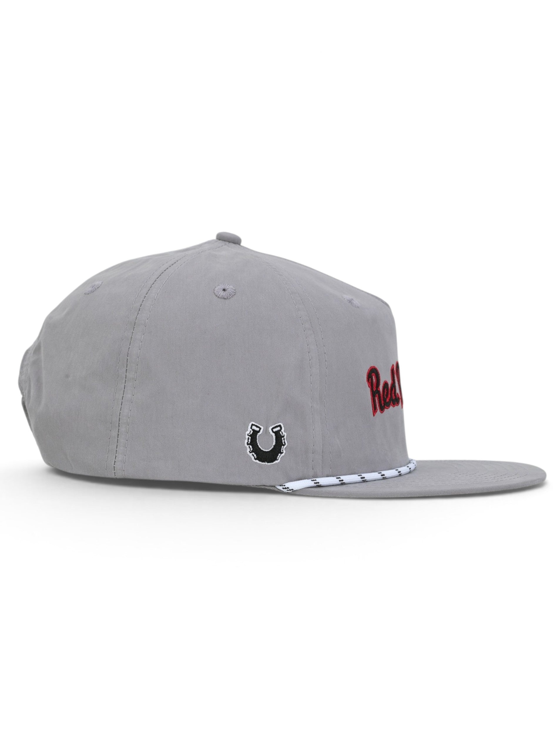 Opposite side of the grey Texas Tech cap showing the Dark Horse horseshoe on the panel