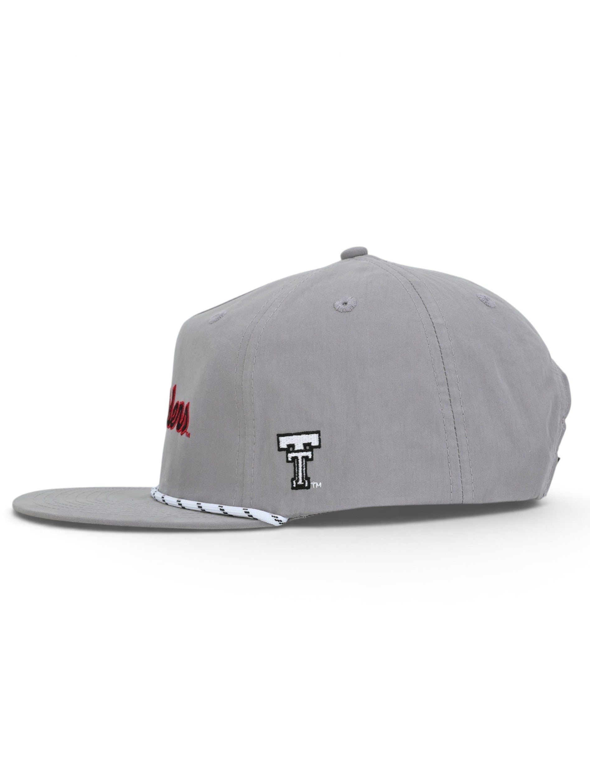 Side of the grey Texas Tech cap showing the embroidered white and black Double T on the panel