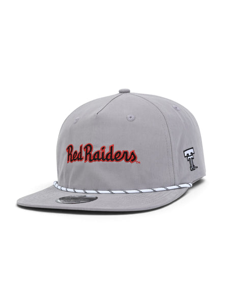 Grey youth Texas Tech rope cap at an angle, with Red Raiders in red script across the front