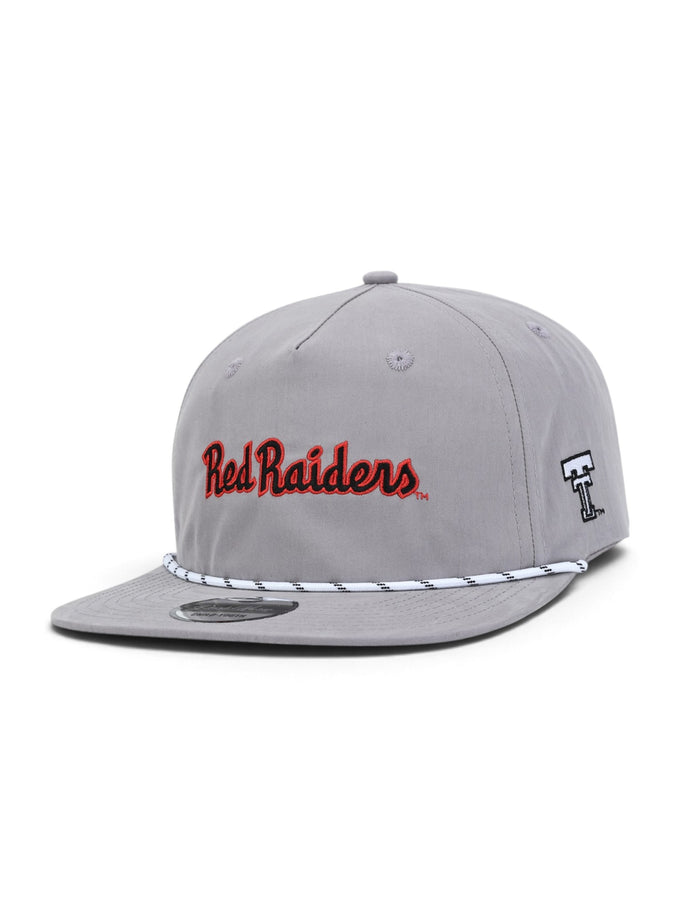 Grey youth Texas Tech rope cap at an angle, with Red Raiders in red script across the front