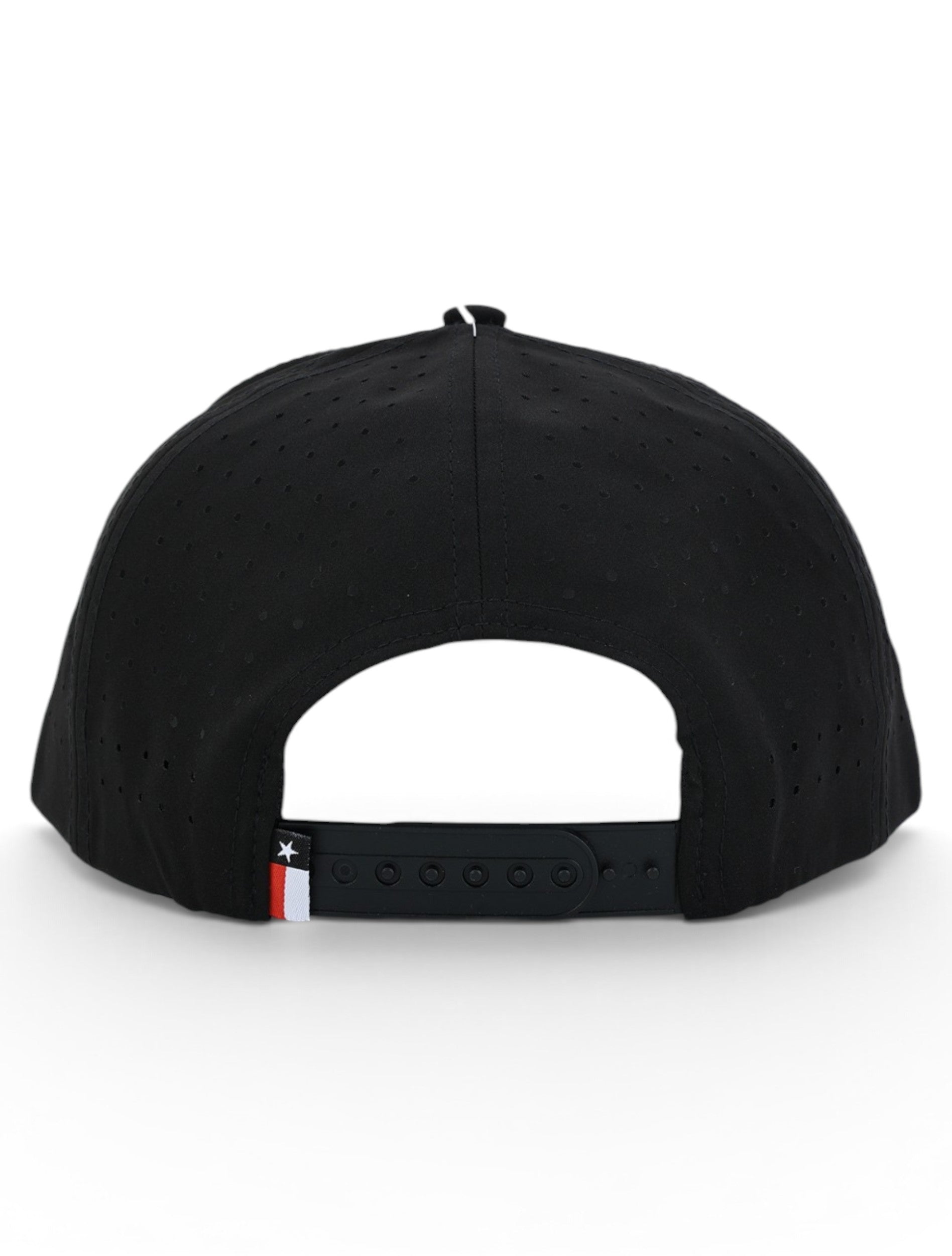 Back of the black Texas Tech cap showing the laser cut perforations, the snapback strap and the Texas flag tab