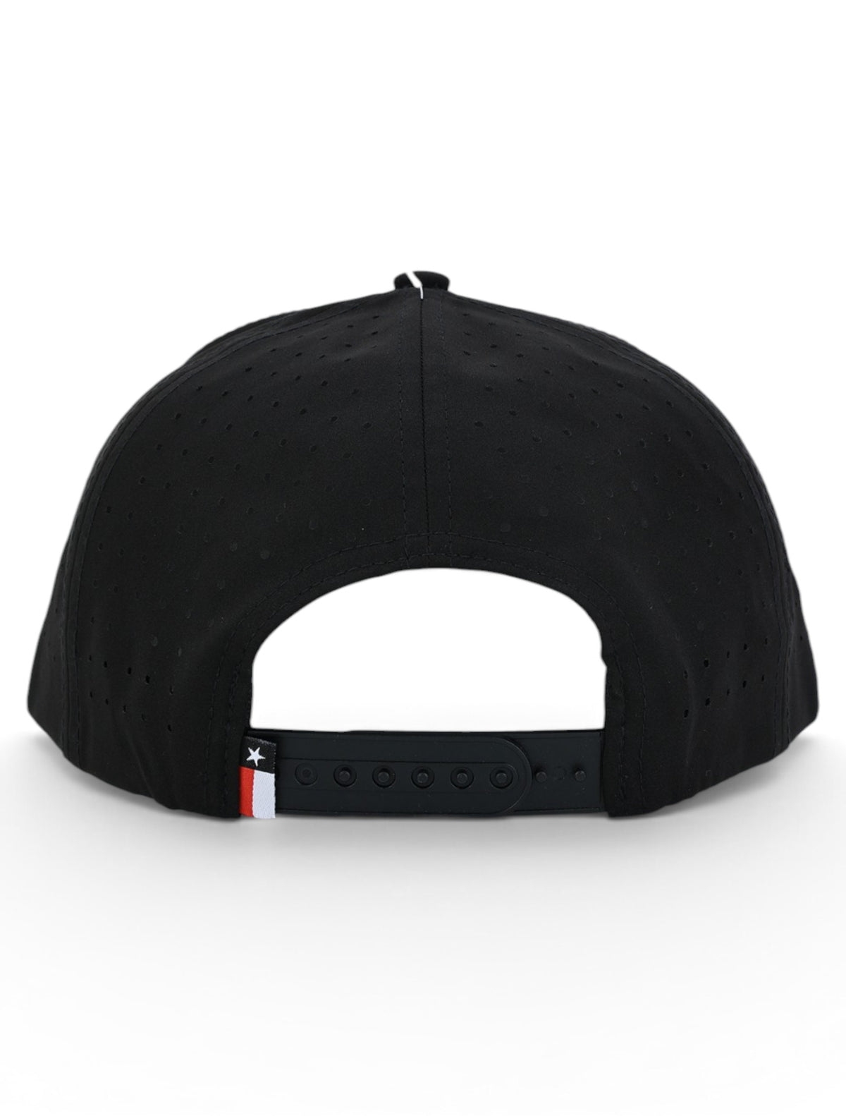 Back of the black Texas Tech cap showing the laser cut perforations, the snapback strap and the Texas flag tab