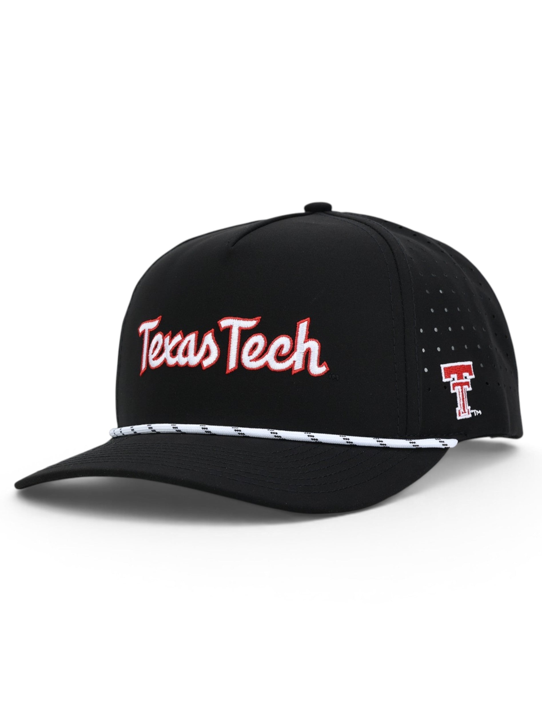 Black Texas Tech rope cap at an angle, with Texas Tech in white script across the front and the red Double T on the panel