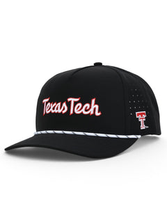 Black Texas Tech rope cap at an angle, with Texas Tech in white script across the front and the red Double T on the panel