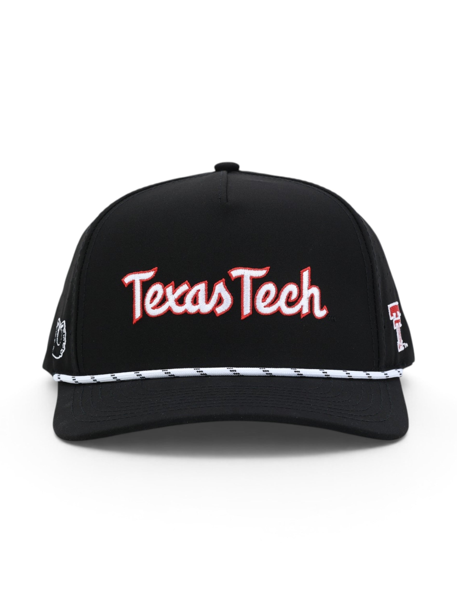 Front of the black Texas Tech cap showing Texas Tech in white script with a red outline above a white and black rope