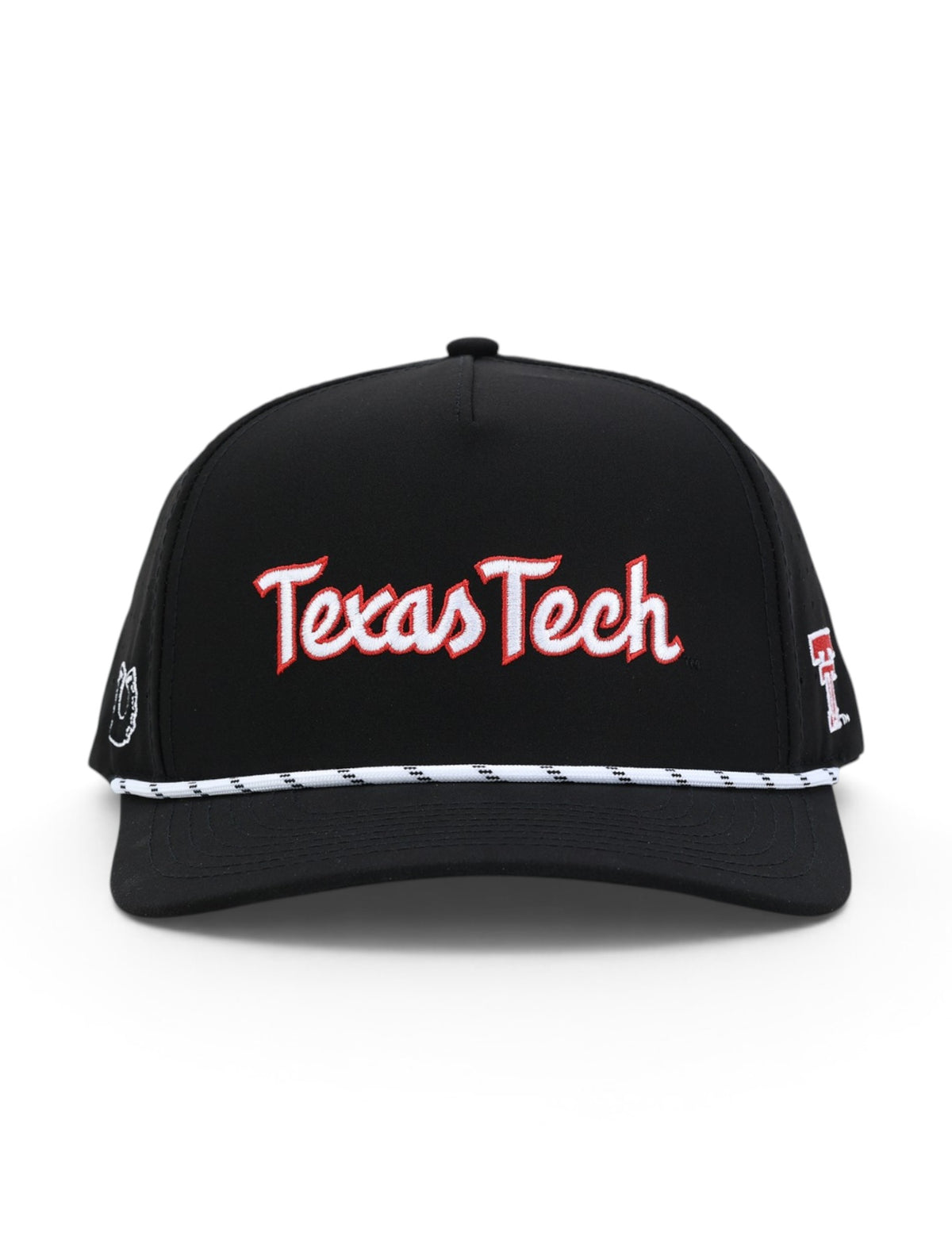 Front of the black Texas Tech cap showing Texas Tech in white script with a red outline above a white and black rope