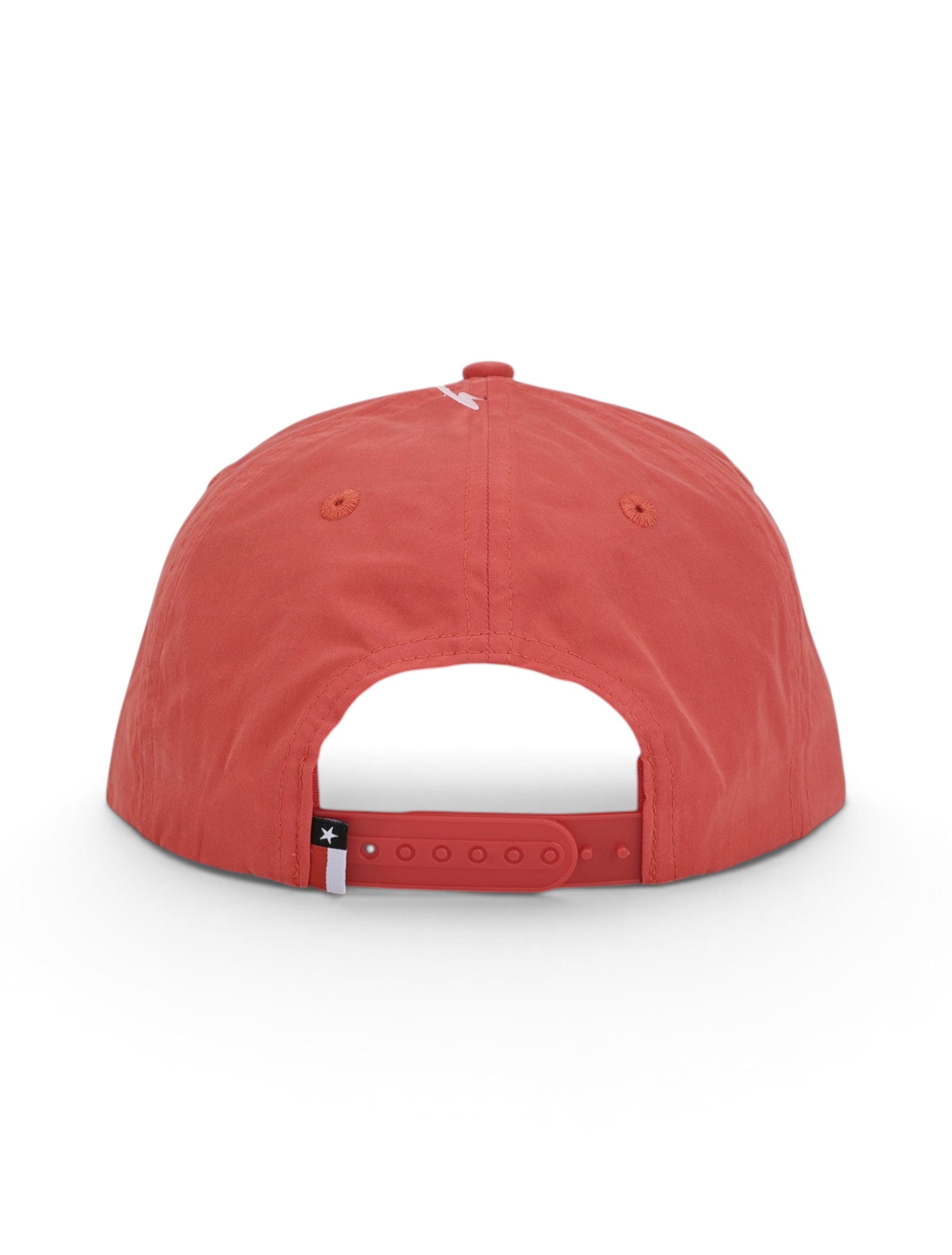 Back of the red Texas Tech cap showing the stitched eyelets, the snapback strap and the Texas flag tab