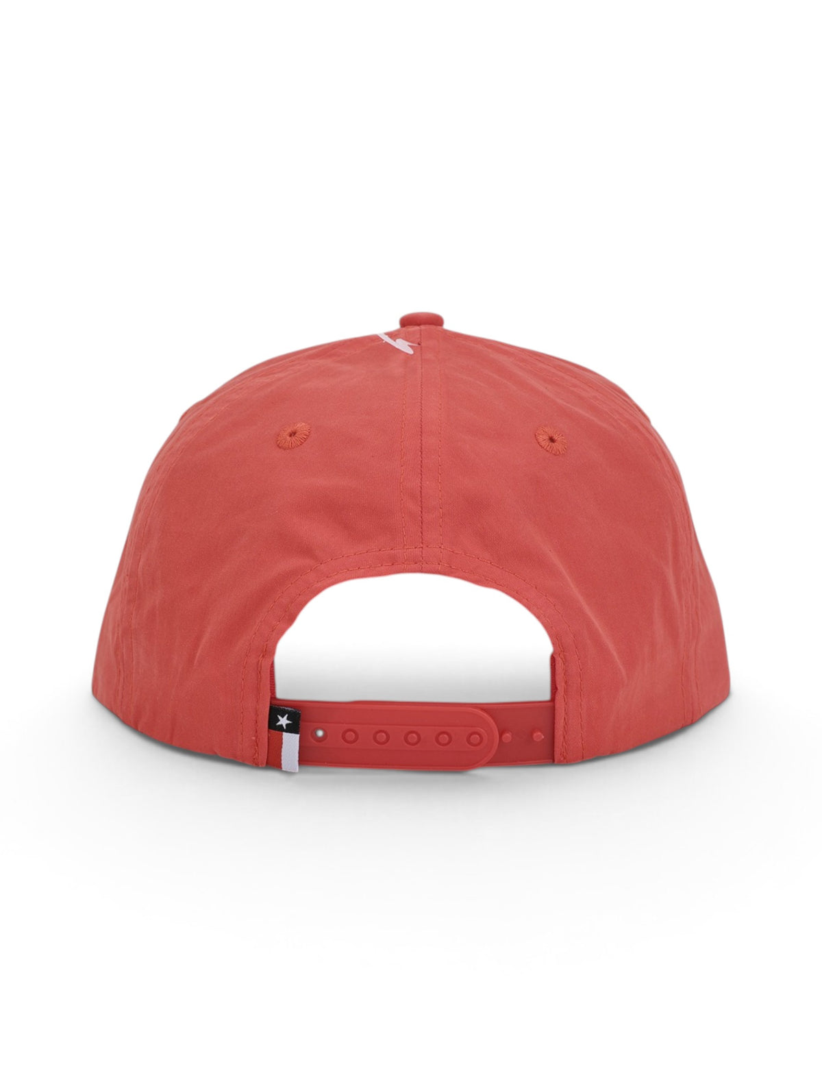 Back of the red Texas Tech cap showing the stitched eyelets, the snapback strap and the Texas flag tab