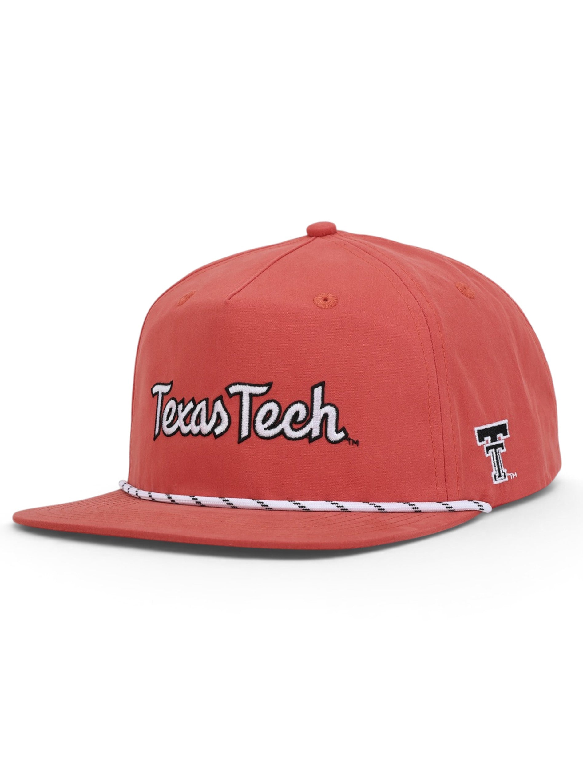 Red Texas Tech rope cap at an angle, with Texas Tech in white script across the front and the Double T on the panel