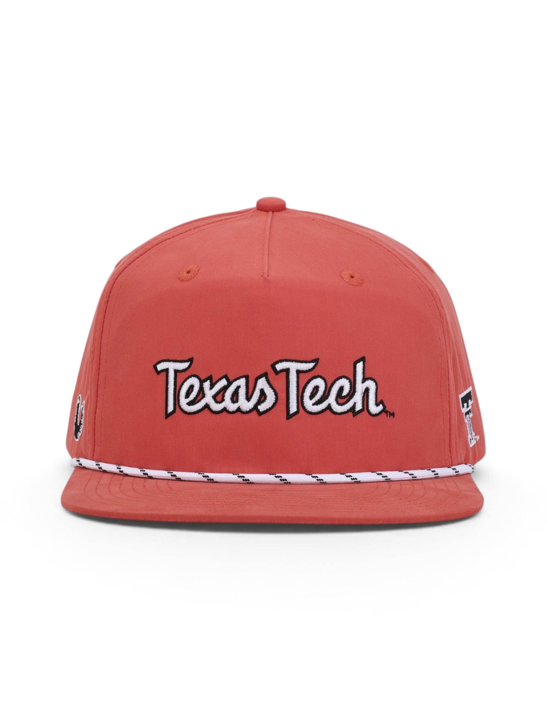 Front of the red Texas Tech cap showing Texas Tech in white script with a black outline above a white and black rope