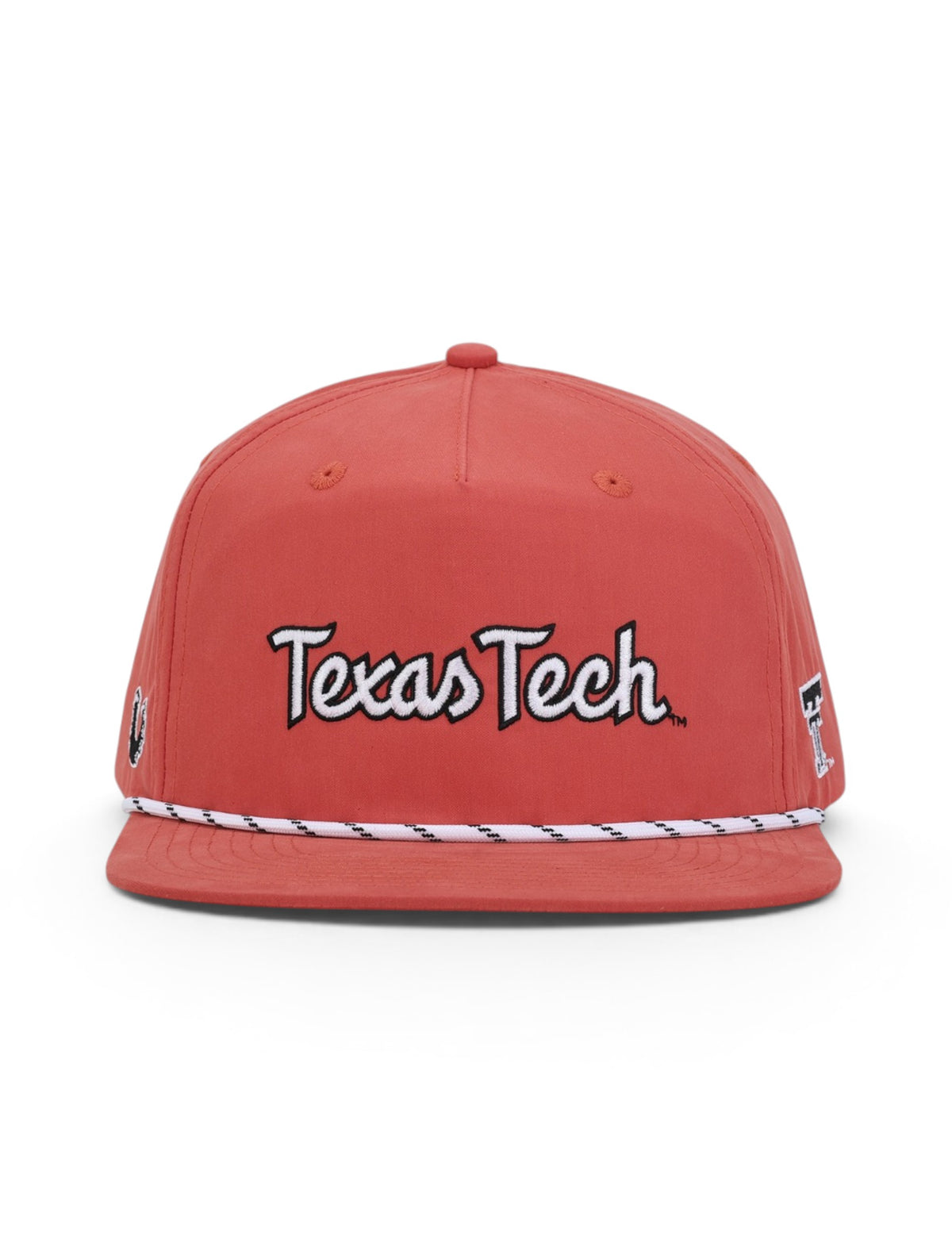 Front of the red Texas Tech cap showing Texas Tech in white script with a black outline above a white and black rope