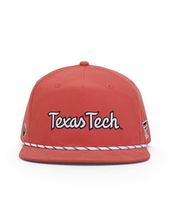 Front of the red Texas Tech cap showing Texas Tech in white script with a black outline above a white and black rope