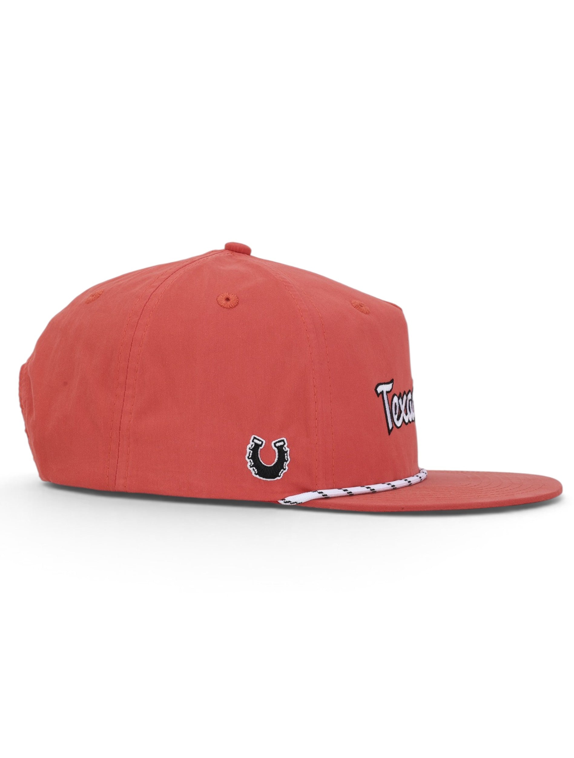 Opposite side of the red Texas Tech cap showing the Dark Horse horseshoe on the panel