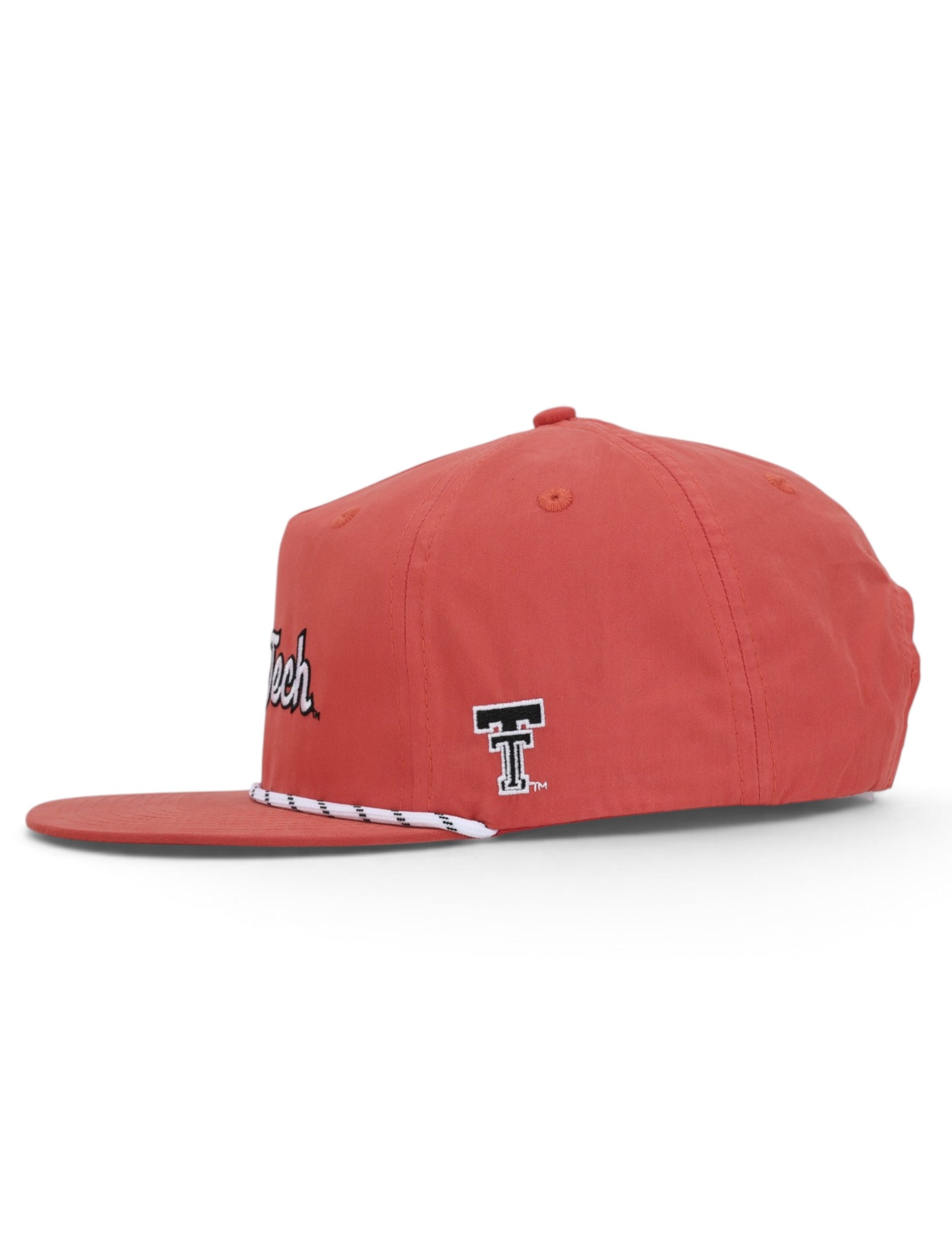 Side of the red Texas Tech cap showing the embroidered black and white Double T on the panel