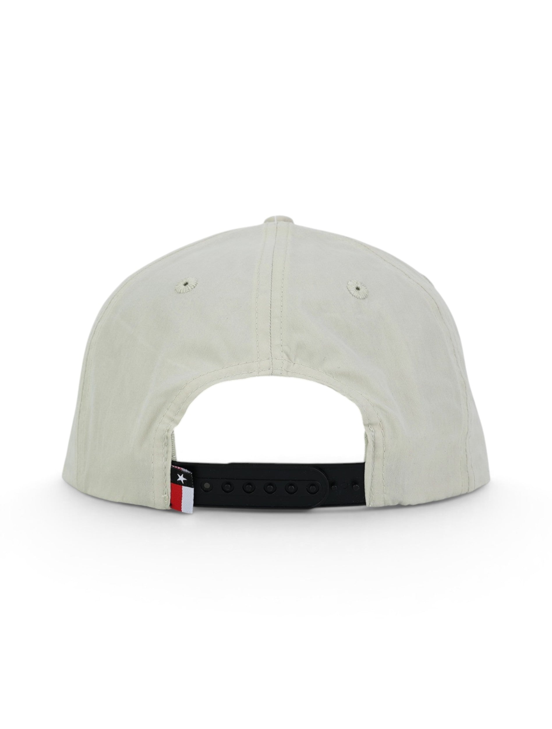 Back of the tan Texas Tech cap showing the stitched eyelets, the black snapback strap and the Texas flag tab