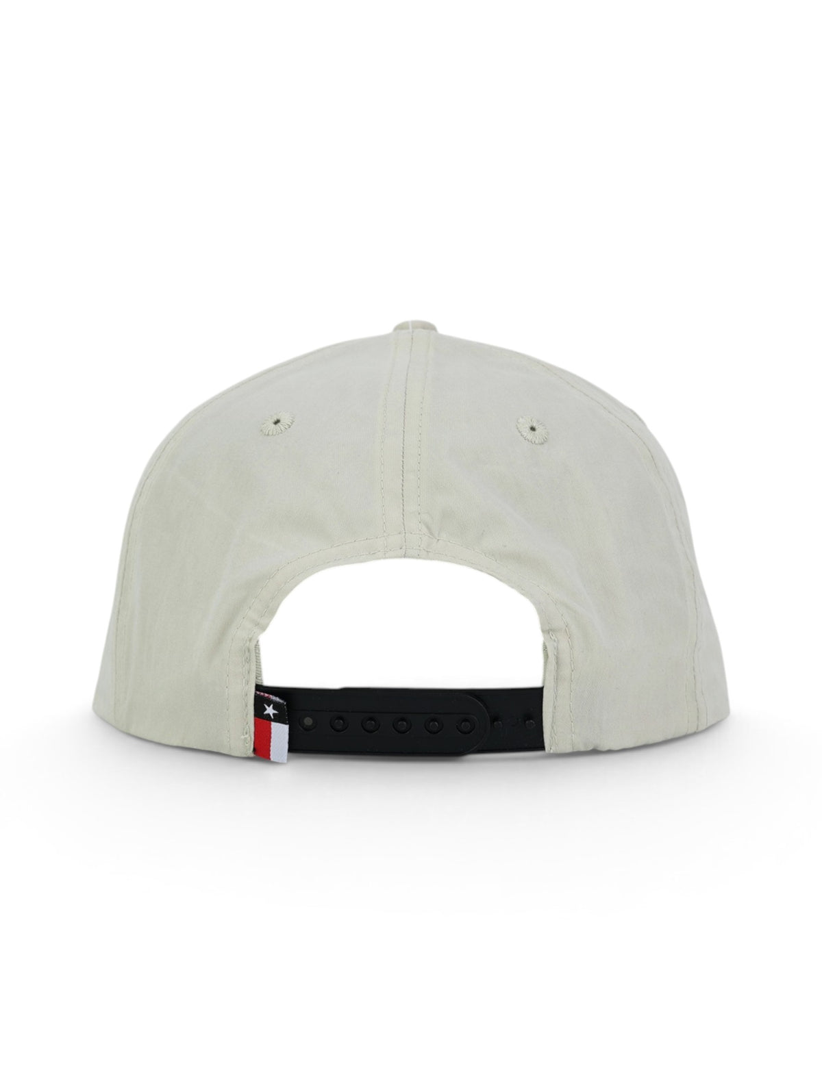 Back of the tan Texas Tech cap showing the stitched eyelets, the black snapback strap and the Texas flag tab