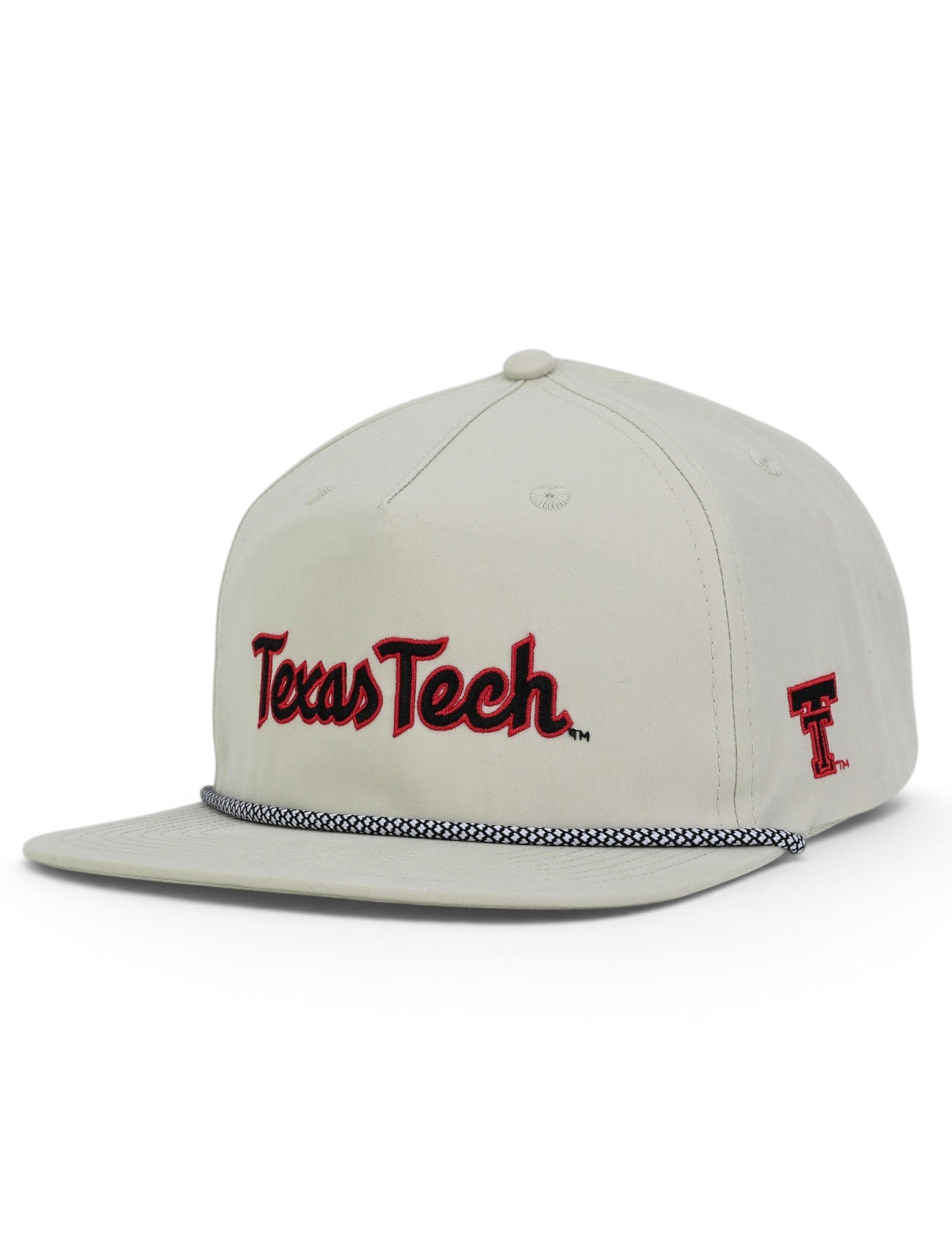Tan Texas Tech rope cap at an angle, with Texas Tech across the front in black script with a red outline